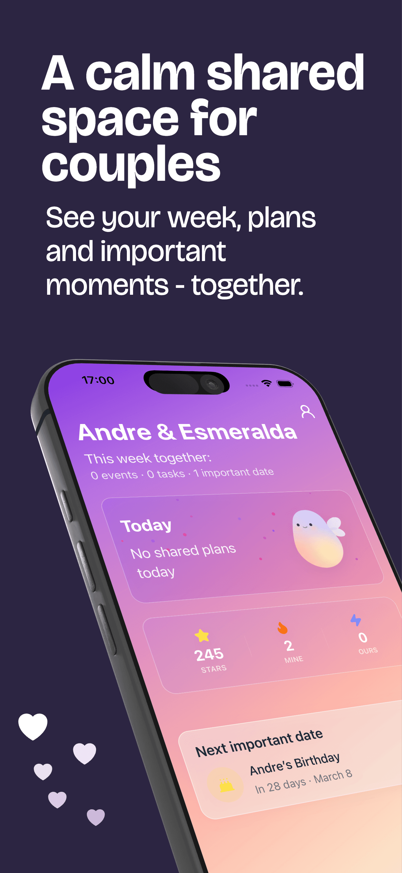 Welu home screen showing shared couple dashboard